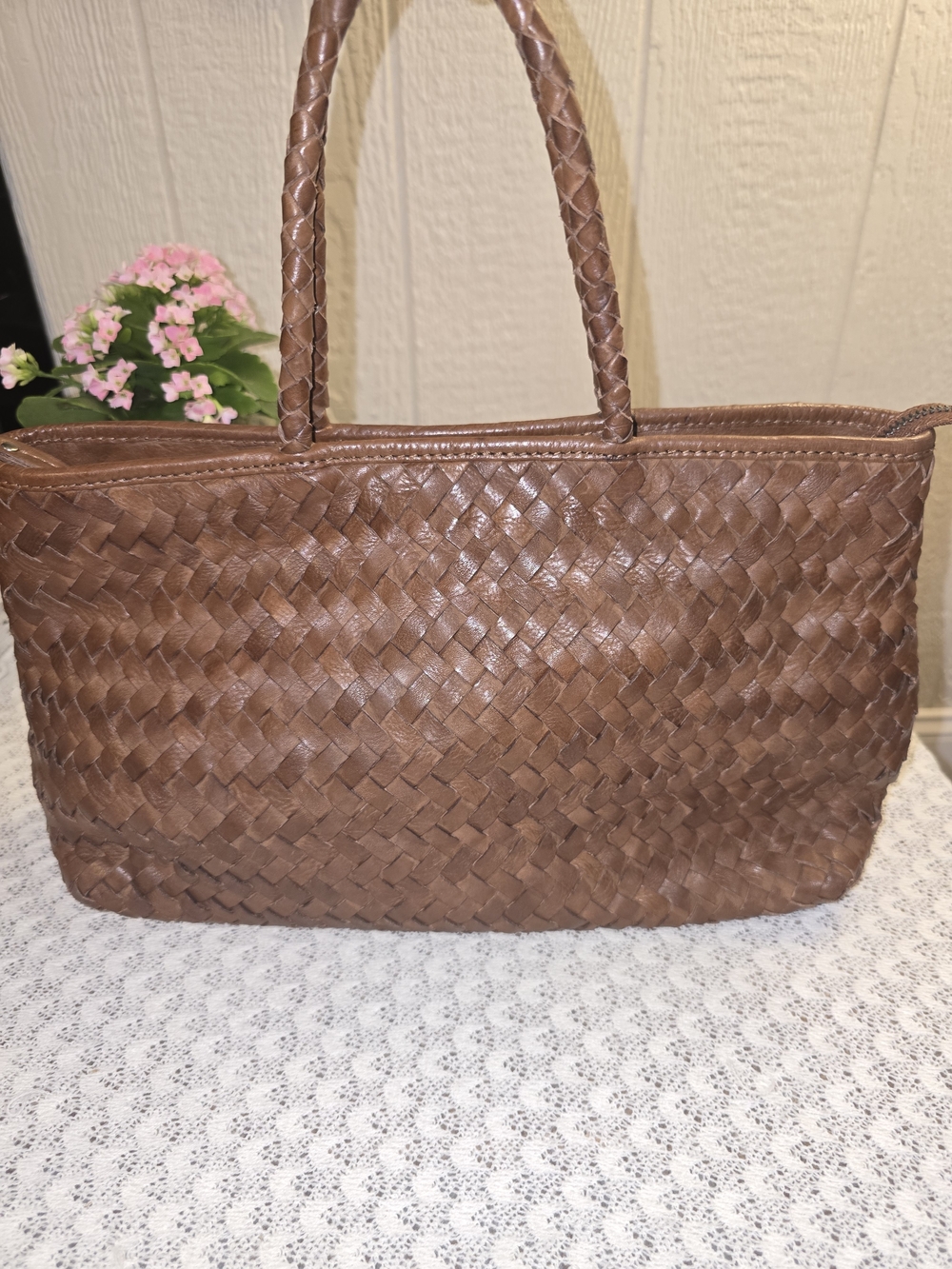 Braided Leather Tote Handbag - Brown
